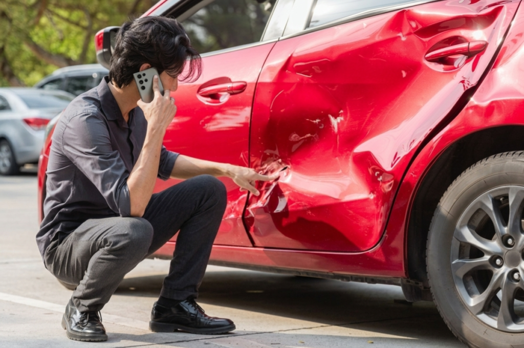Um homem asiático de negócios, agachado e bem vestido com uma camisa escura e calças escuras, falando ao telemóvel ao lado de um carro vermelho amassado. Ele aponta para os danos na porta do carro com uma expressão séria enquanto realiza uma inspeção para veículos acidentados. O ambiente é um estacionamento ou uma rua à luz do dia.